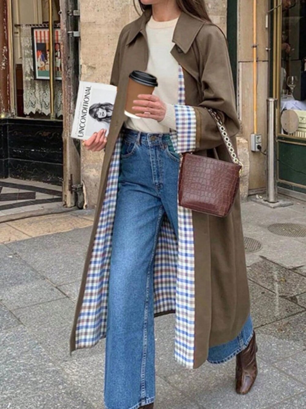 Army Green Casual Women's Plaid Button Loose Mid-Length Trench Coat